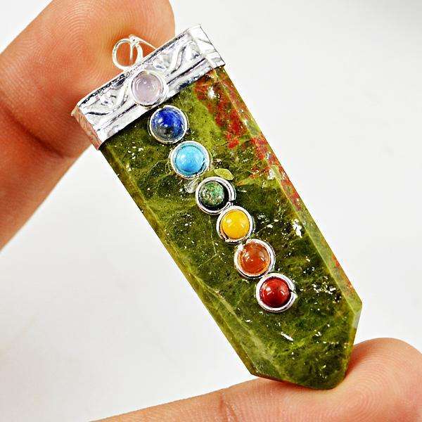 gemsmore:Natural Blood Green Unakite Seven Chakra Healing Wand Pendant