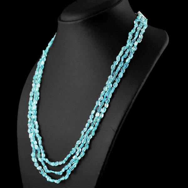 gemsmore:Natural Blue Apatite Necklace Untreated 3 Strand Oval Beads