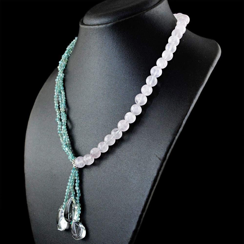 gemsmore:Natural Blue Apatite & Pink Rose Quartz Necklace Round Shape Unheated Beads