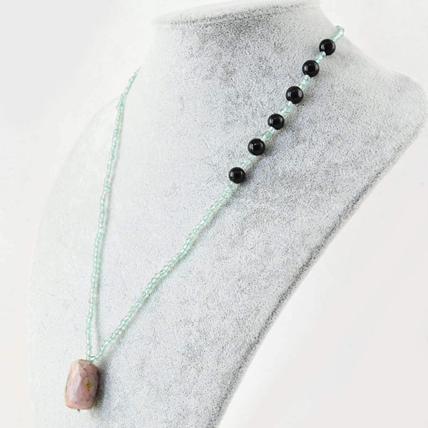 gemsmore:Natural Blue Aquamarine & Black Spinel Necklace Round Shape Beads