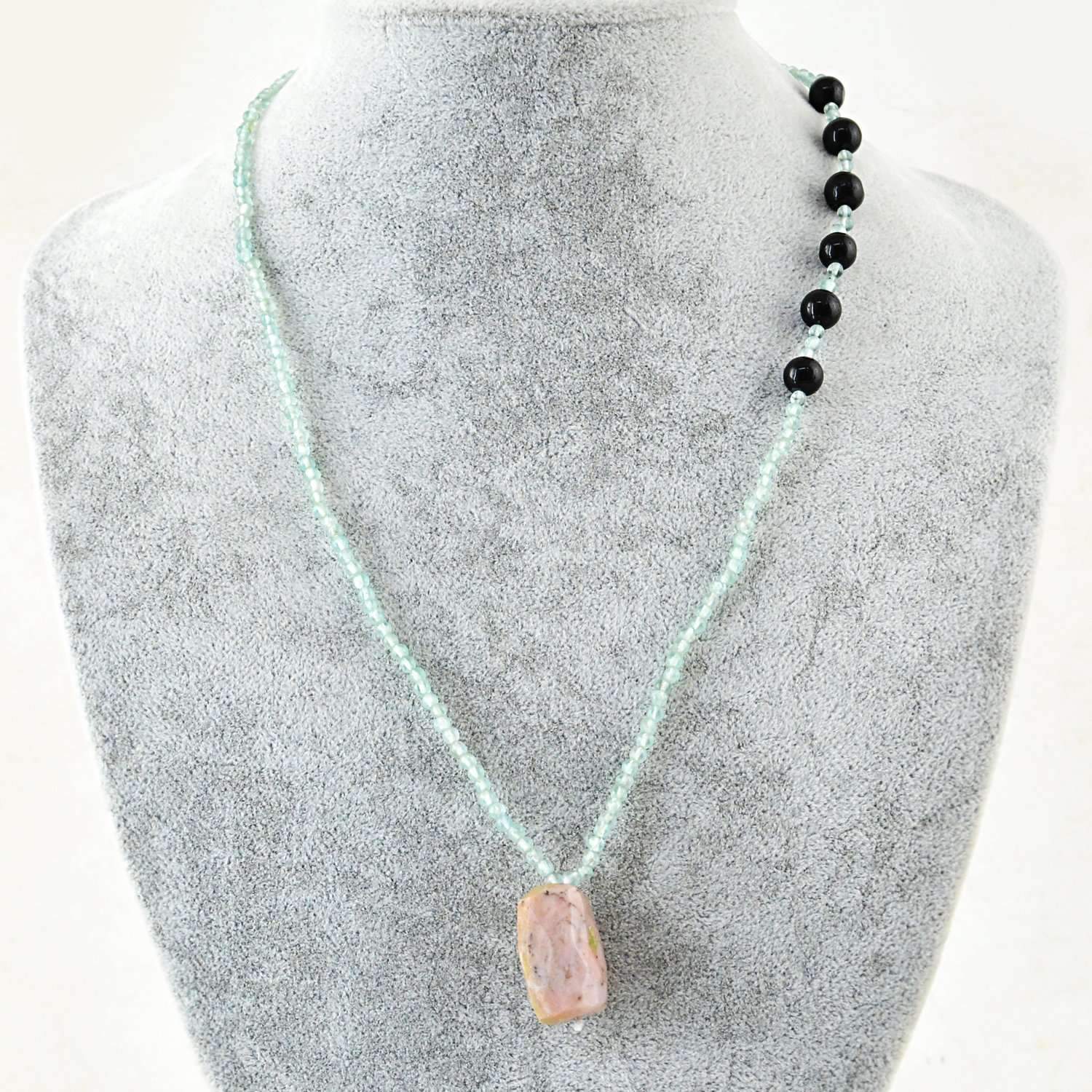 gemsmore:Natural Blue Aquamarine & Black Spinel Necklace Round Shape Beads