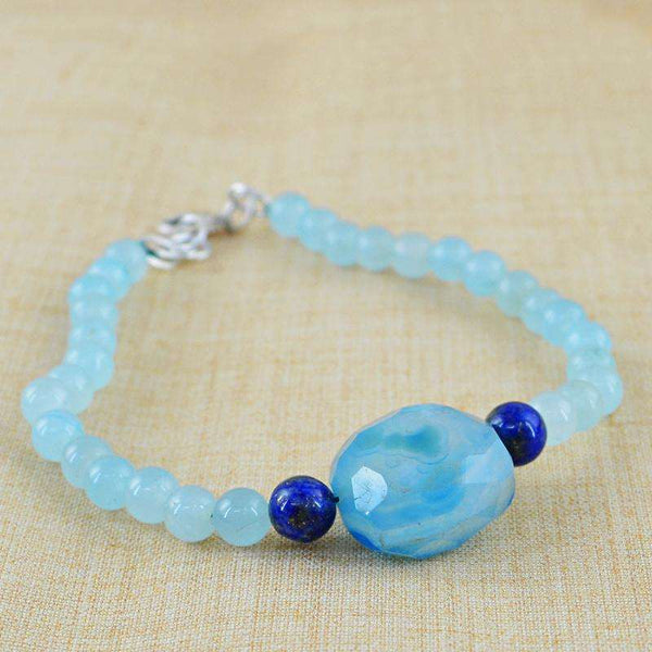 gemsmore:Natural Blue Aquamarine & Blue Onyx Beads Bracelet - Round Shape