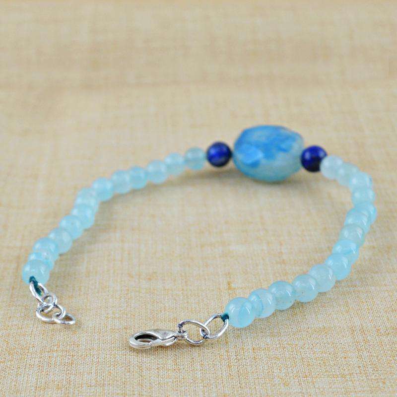 gemsmore:Natural Blue Aquamarine & Blue Onyx Beads Bracelet - Round Shape