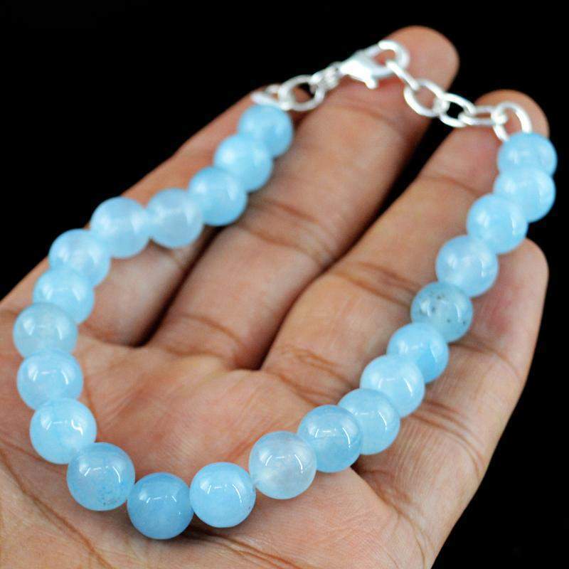 gemsmore:Natural Blue Aquamarine Bracelet Round Shape Beads