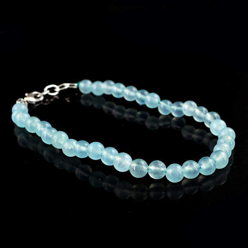 gemsmore:Natural Blue Aquamarine Bracelet Round Shape Untreated Beads