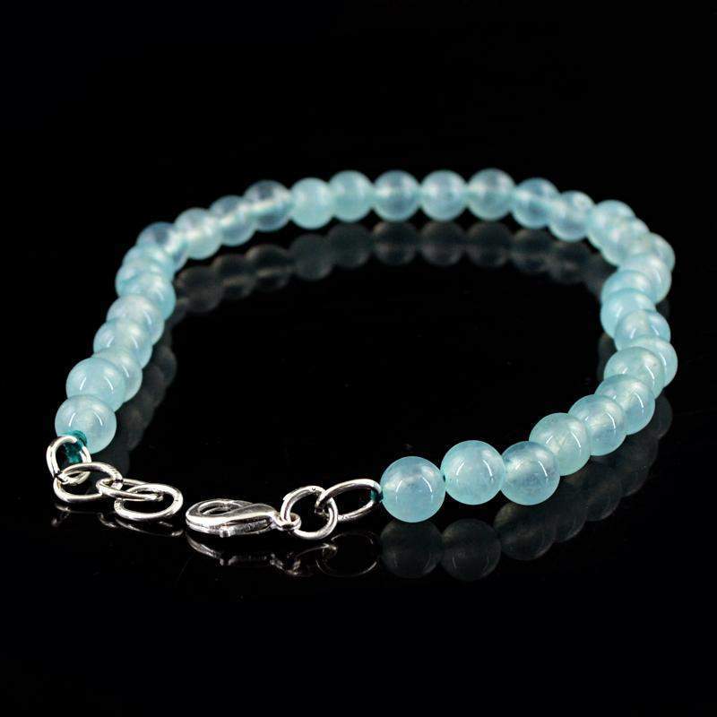 gemsmore:Natural Blue Aquamarine Bracelet Round Shape Untreated Beads