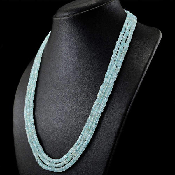 gemsmore:Natural Blue Aquamarine Necklace 3 Line Round Shape Beads