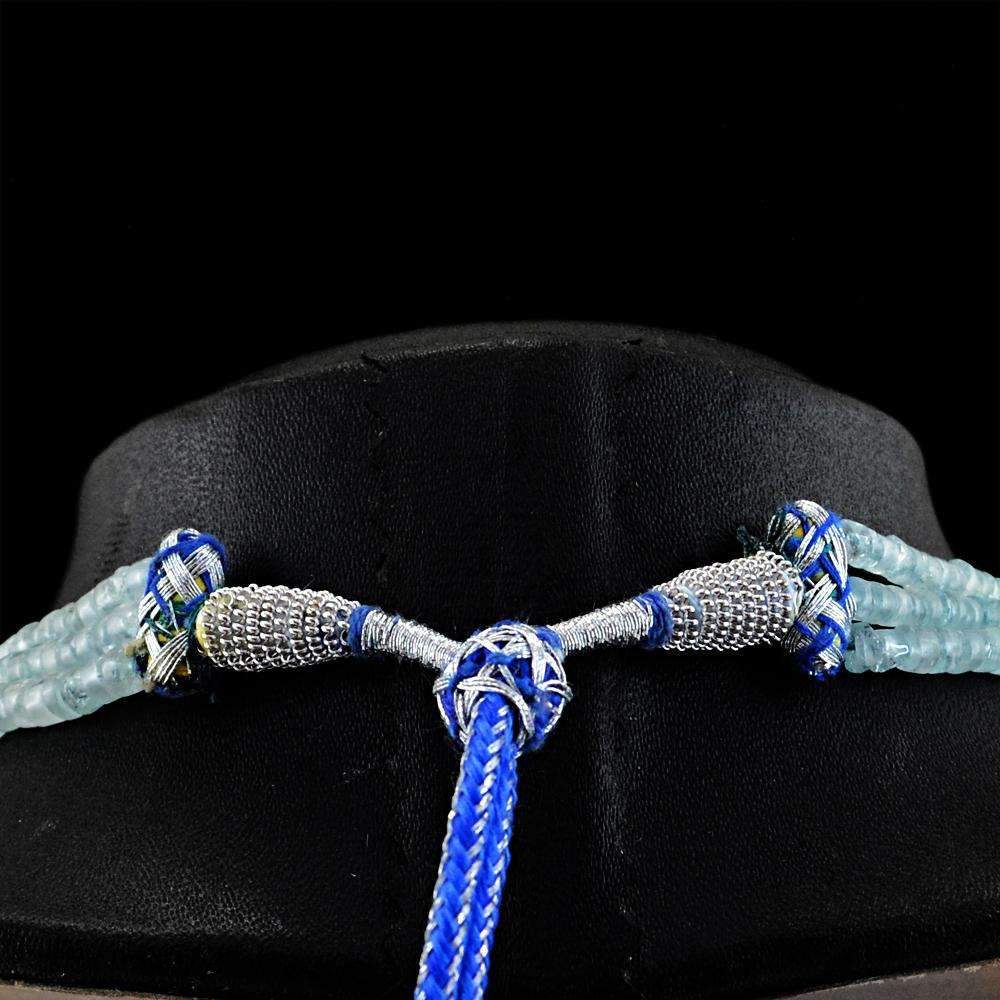 gemsmore:Natural Blue Aquamarine Necklace 3 Line Round Shape Beads