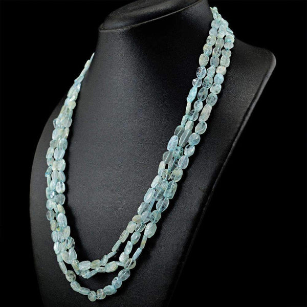 gemsmore:Natural Blue Aquamarine Necklace 3 Line Untreated Beads