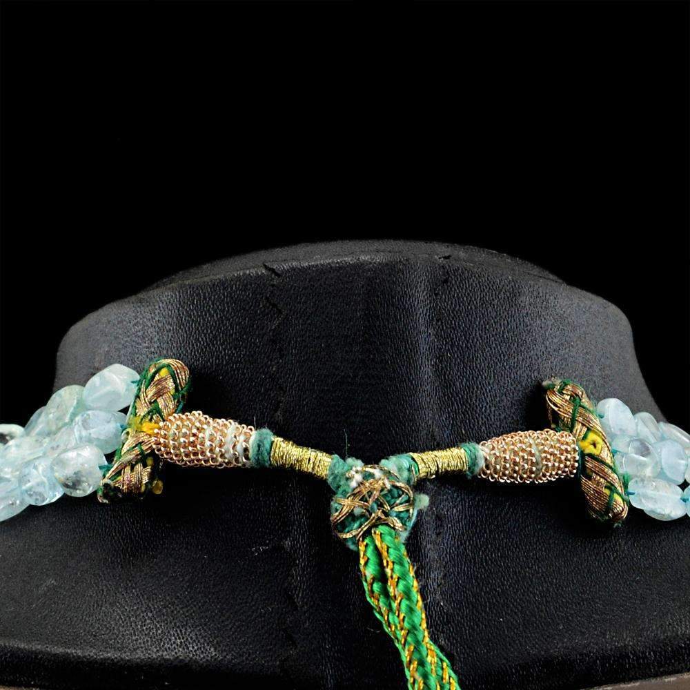 gemsmore:Natural Blue Aquamarine Necklace 3 Line Untreated Beads