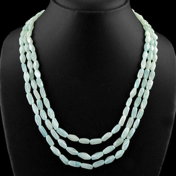 gemsmore:Natural Blue Aquamarine Necklace 3 Strand Faceted Beads