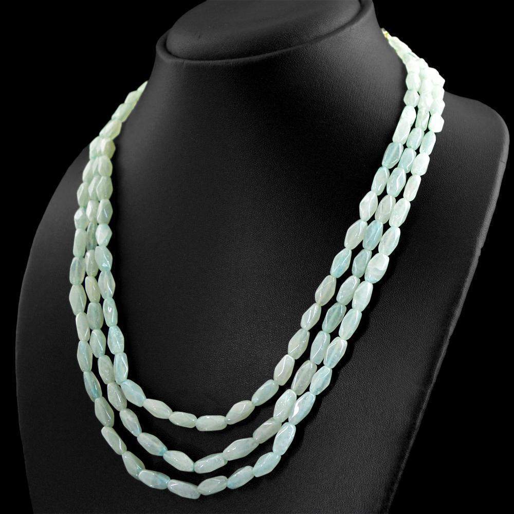 gemsmore:Natural Blue Aquamarine Necklace 3 Strand Faceted Beads