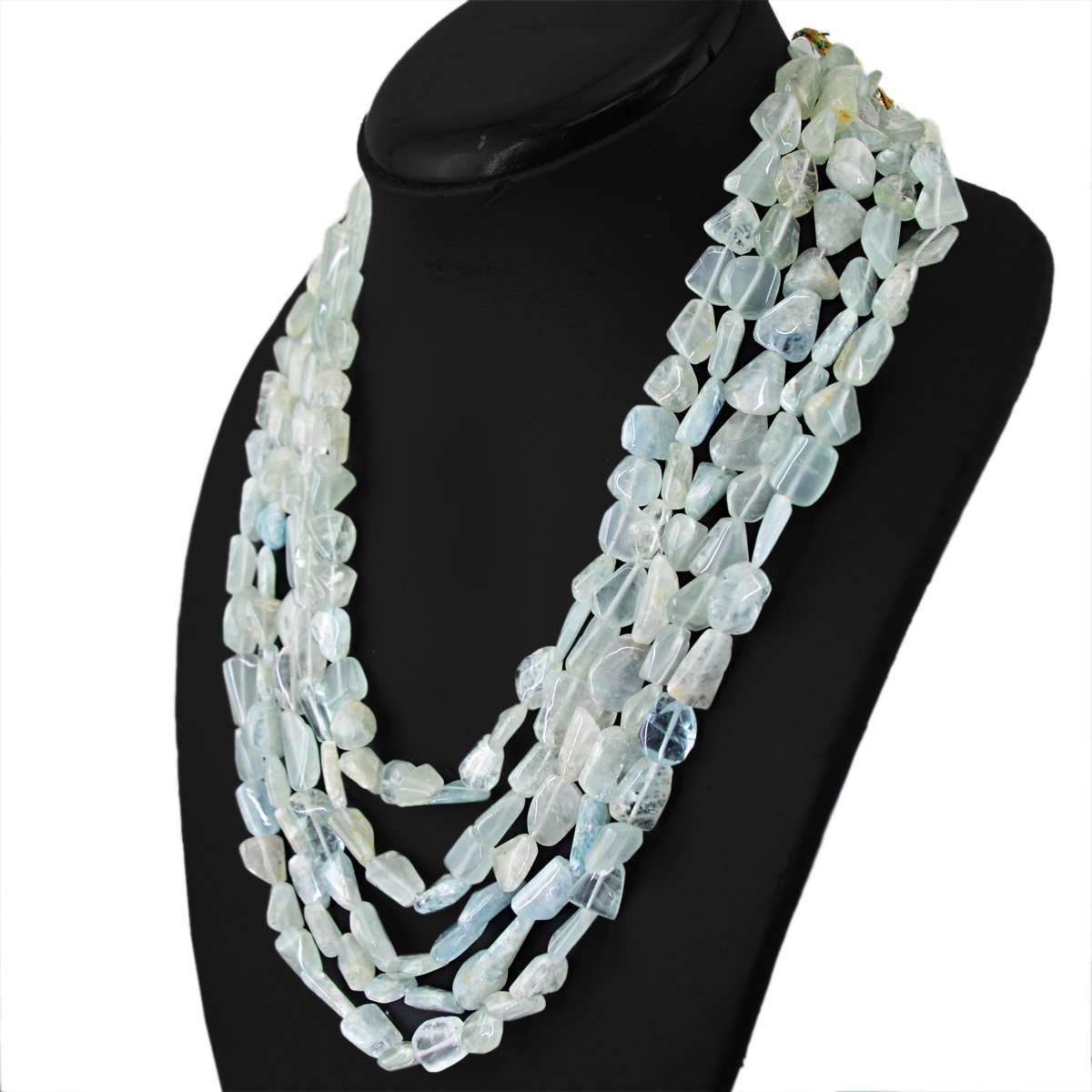gemsmore:Natural Blue Aquamarine Necklace 5 Line Untreated Beads