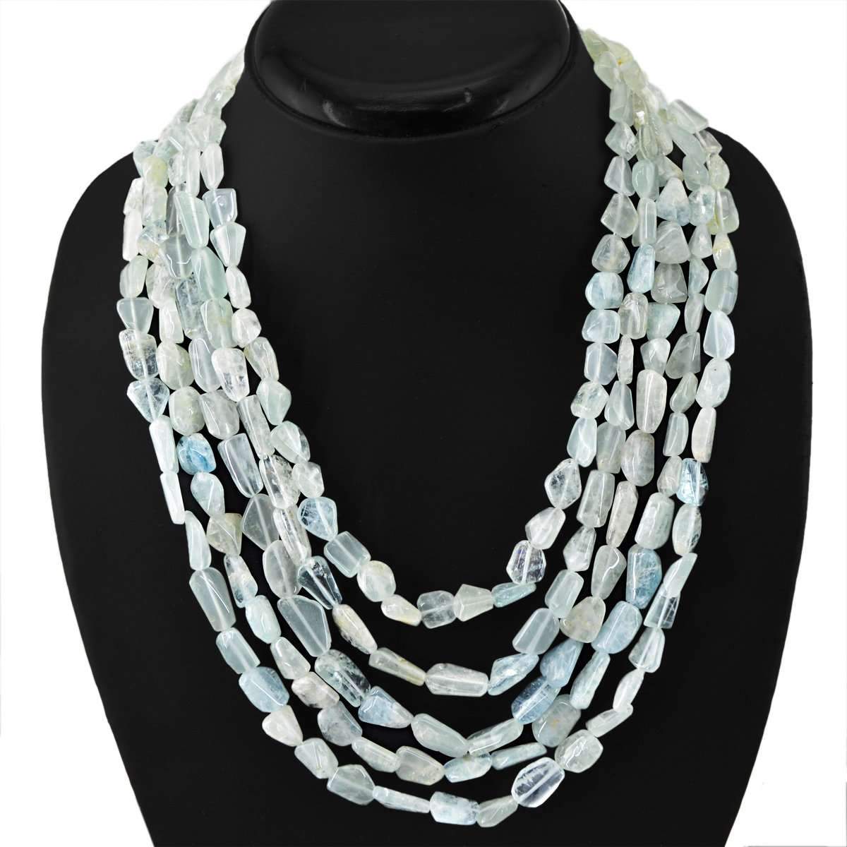 gemsmore:Natural Blue Aquamarine Necklace 5 Line Untreated Beads