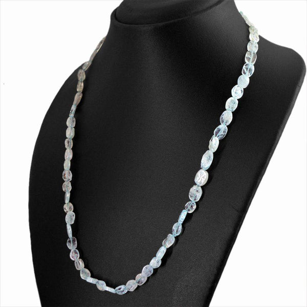 gemsmore:Natural Blue Aquamarine Necklace Oval Shape Untreated Beads