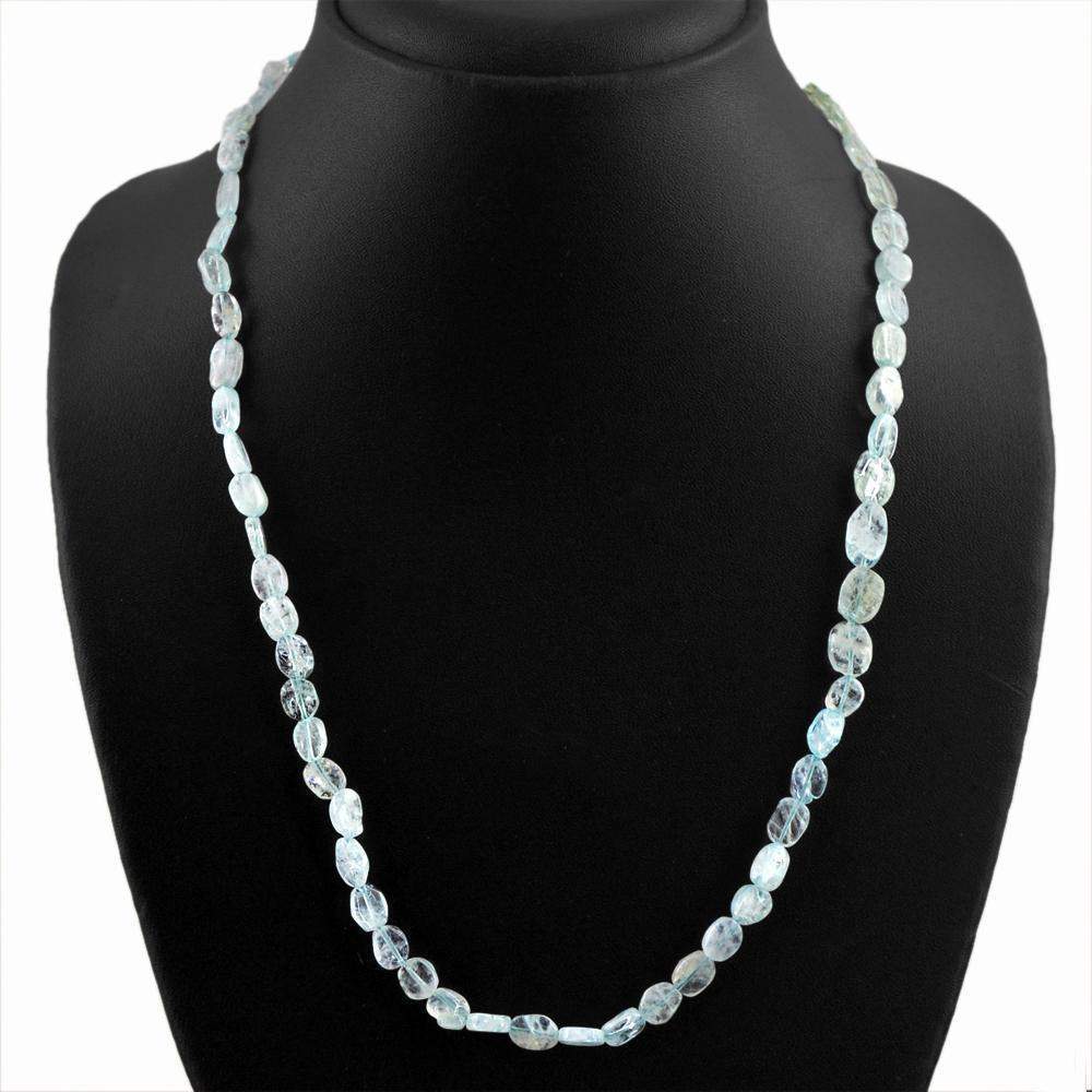 gemsmore:Natural Blue Aquamarine Necklace Oval Shape Untreated Beads