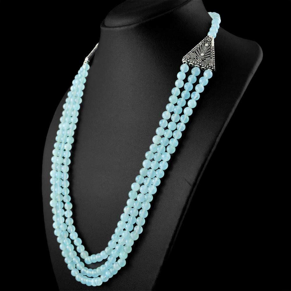 gemsmore:Natural Blue Chalcedony Necklace 3 Strand Round Beads