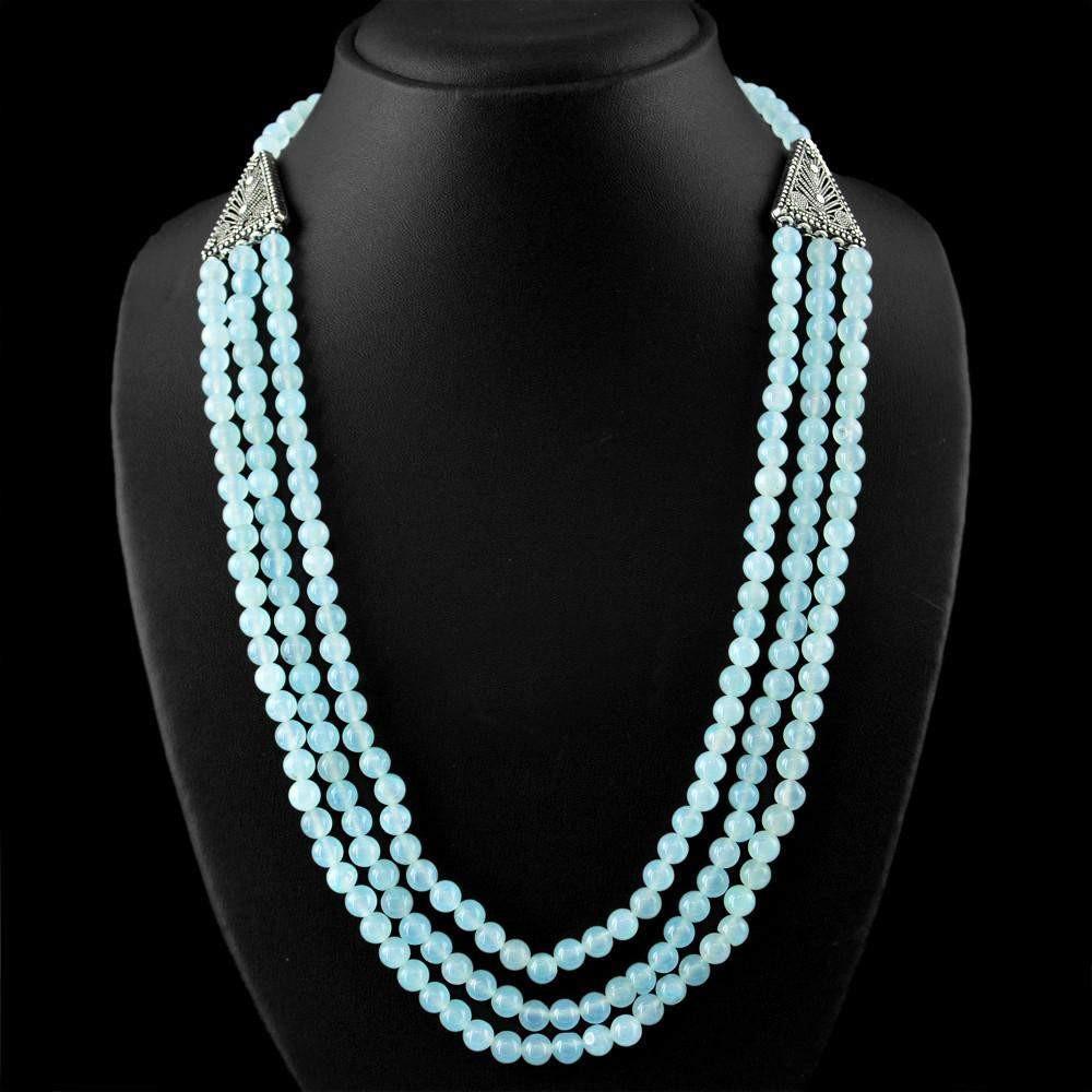 gemsmore:Natural Blue Chalcedony Necklace 3 Strand Round Beads