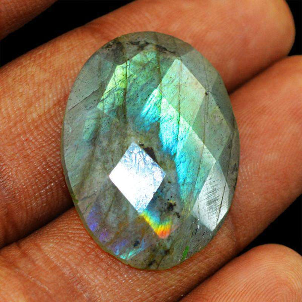 gemsmore:Natural Blue Flash Labradorite Checkered Cut Oval Shape Gemstone