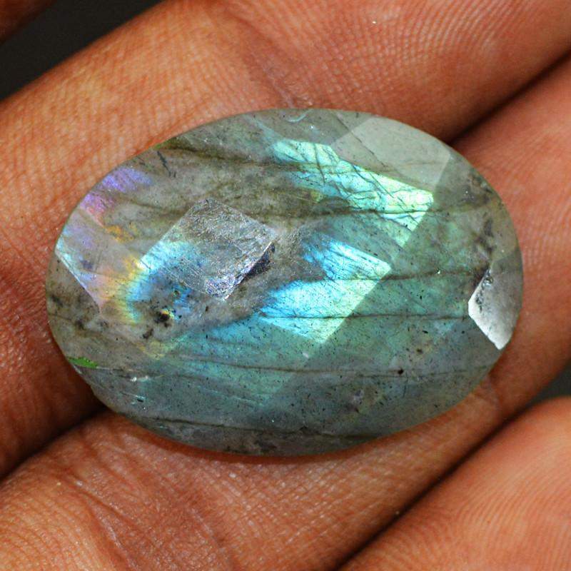 gemsmore:Natural Blue Flash Labradorite Checkered Cut Oval Shape Gemstone