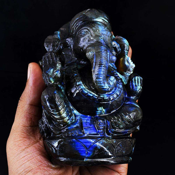 gemsmore:Natural Blue Flash Labradorite Hand Carved Lord Ganesha
