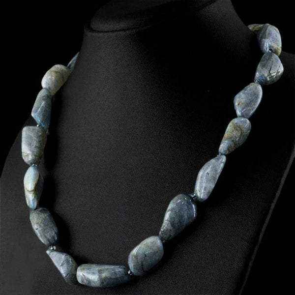gemsmore:Natural Blue Flash Labradorite Necklace 20 Inches Long Untreated Beads