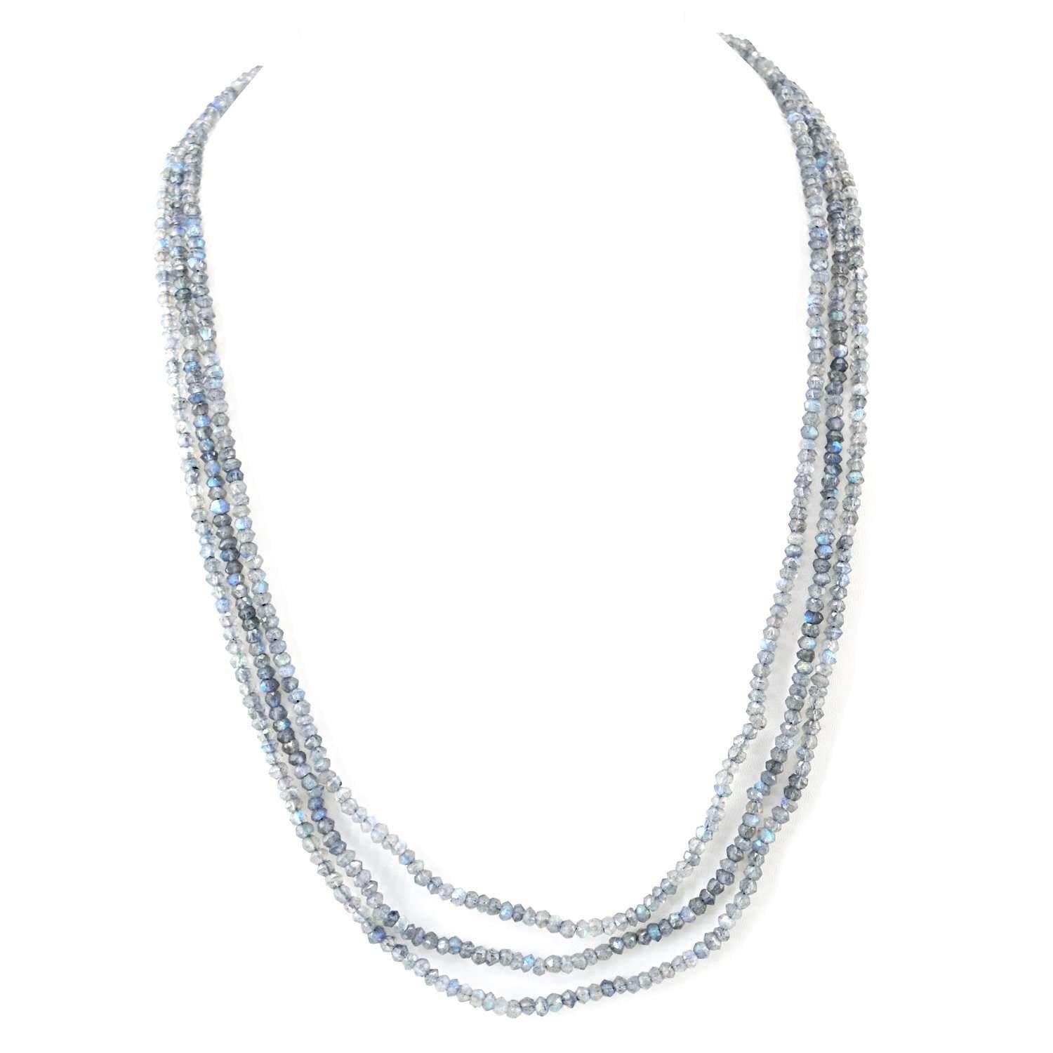 gemsmore:Natural Blue Flash Labradorite Necklace 3 Strand Round Cut Beads