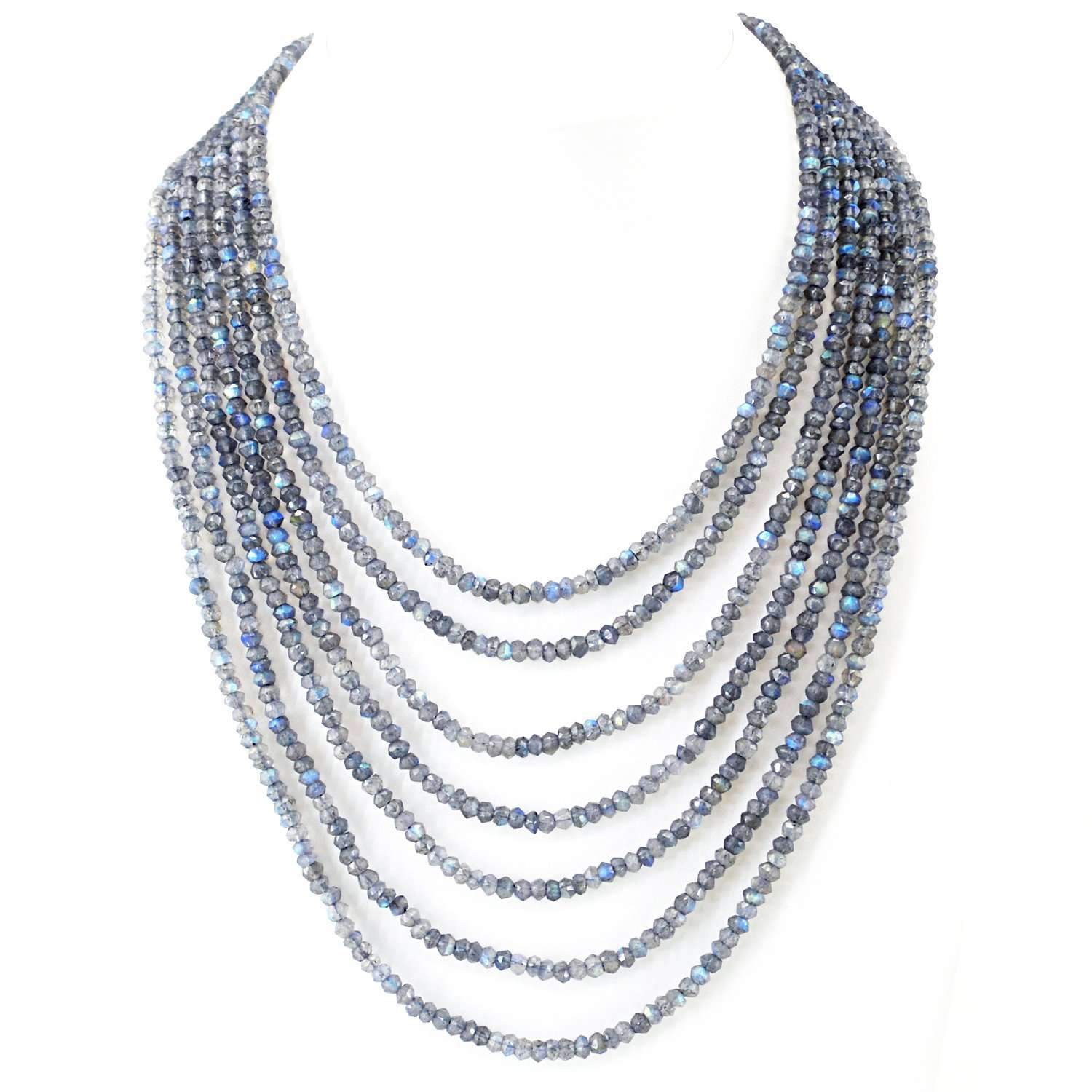 gemsmore:Natural Blue Flash Labradorite Necklace 7 Strand Round Cut Beads