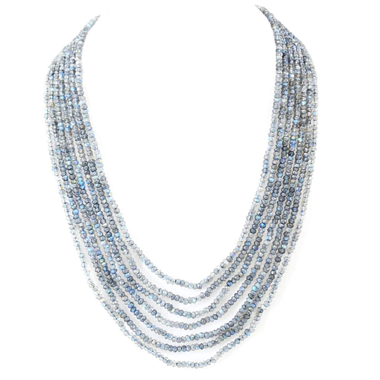 gemsmore:Natural Blue Flash Labradorite Necklace 7 Strand Round Shape Faceted Beads