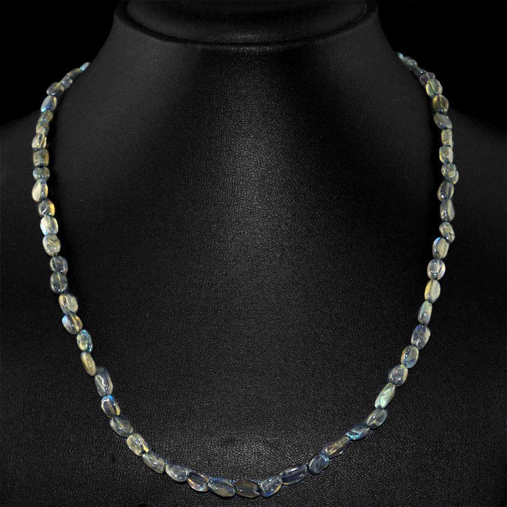 gemsmore:Natural Blue Flash Labradorite Necklace Oval Shape Untreated Beads