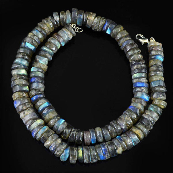 gemsmore:Natural Blue Flash Labradorite Necklace Round Shape Untreated Beads