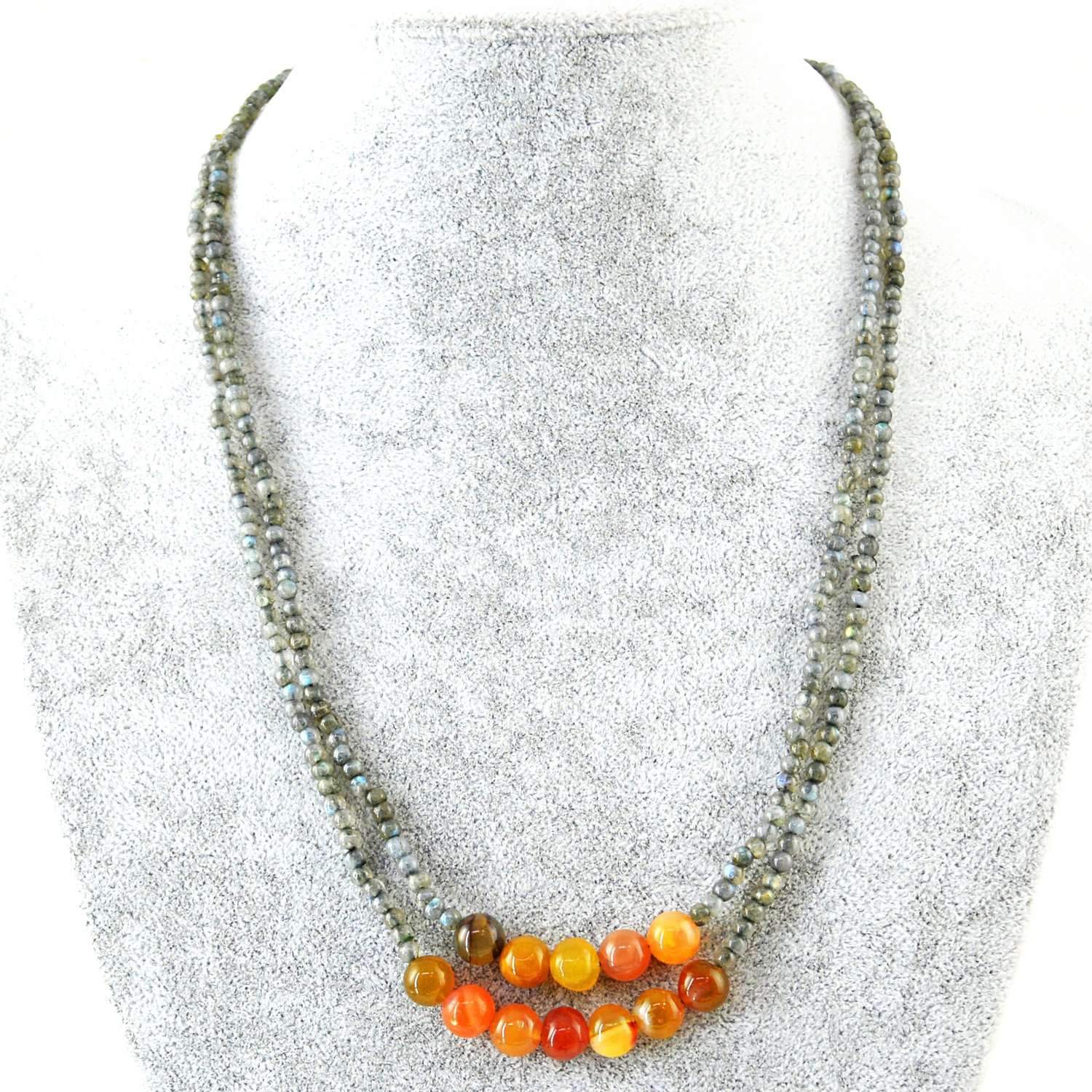 gemsmore:Natural Blue Flash Labradorite & Orange Onyx Necklace 2 Strand Untreated Beads