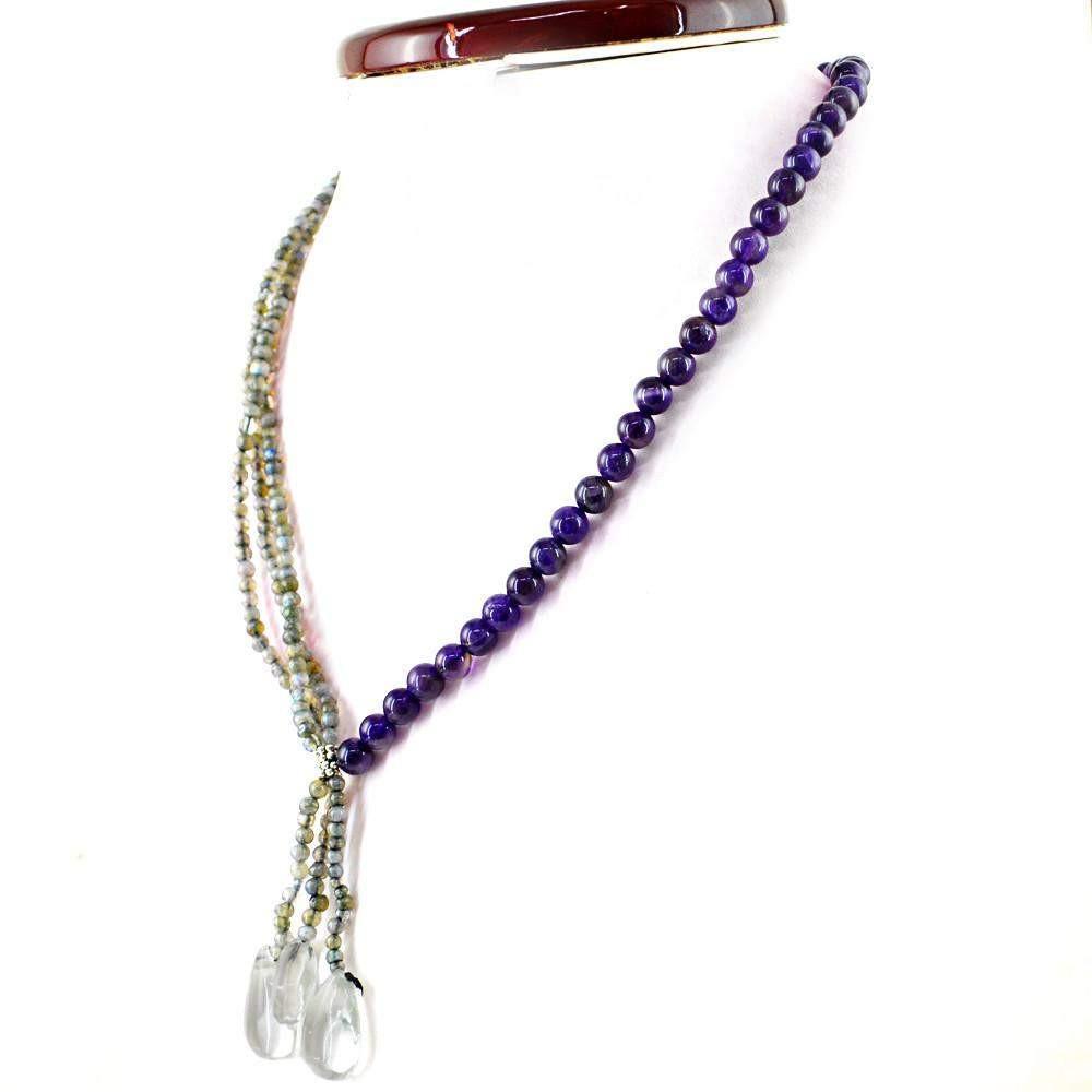 gemsmore:Natural Blue Flash Labradorite & Purple Amethyst Necklace Round Shape Untreated Beads