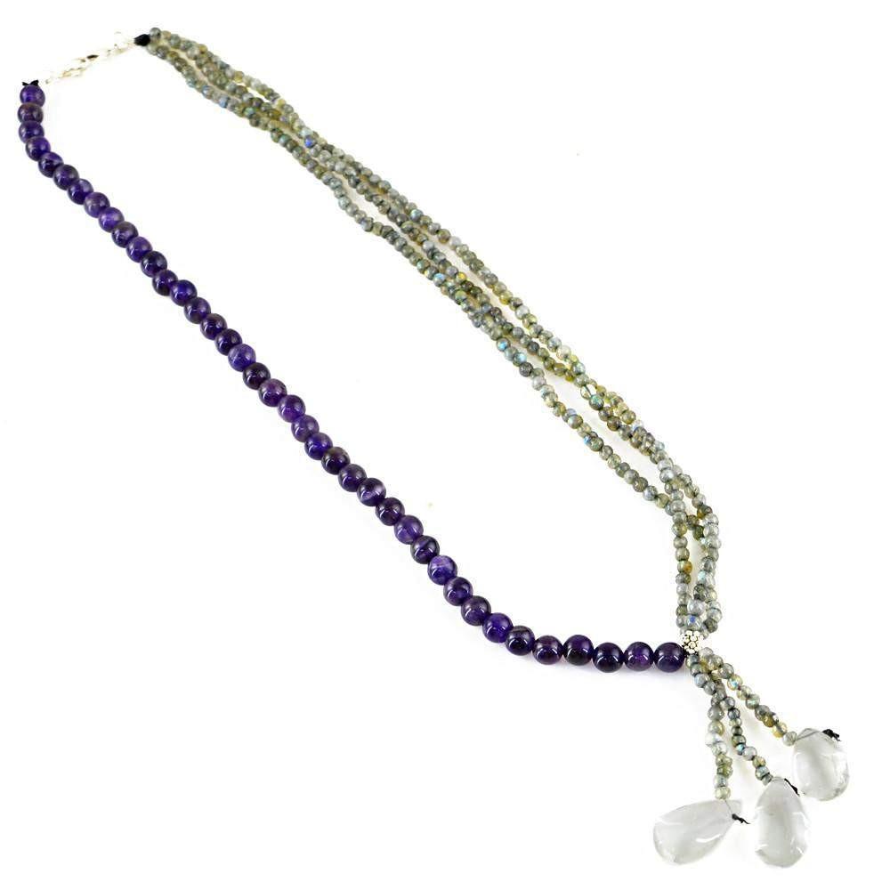 gemsmore:Natural Blue Flash Labradorite & Purple Amethyst Necklace Round Shape Untreated Beads
