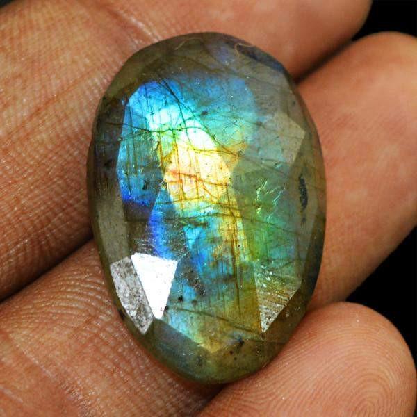 gemsmore:Natural Blue & Golden Flash Labradorite Oval Shape Checkered Cut Gemstone