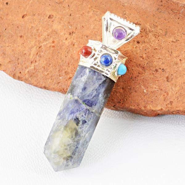 gemsmore:Natural Blue Iolite Seven Chakra Healing Point Pendant