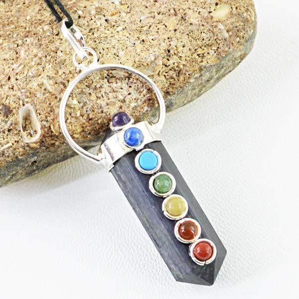 gemsmore:Natural Blue Iolite Seven Chakra Healing Point Pendant