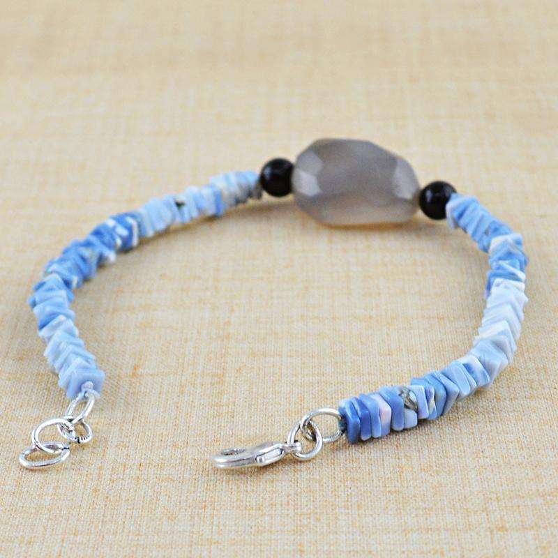 gemsmore:Natural Blue Lace Agate & Smoky Quartz Beads Bracelet
