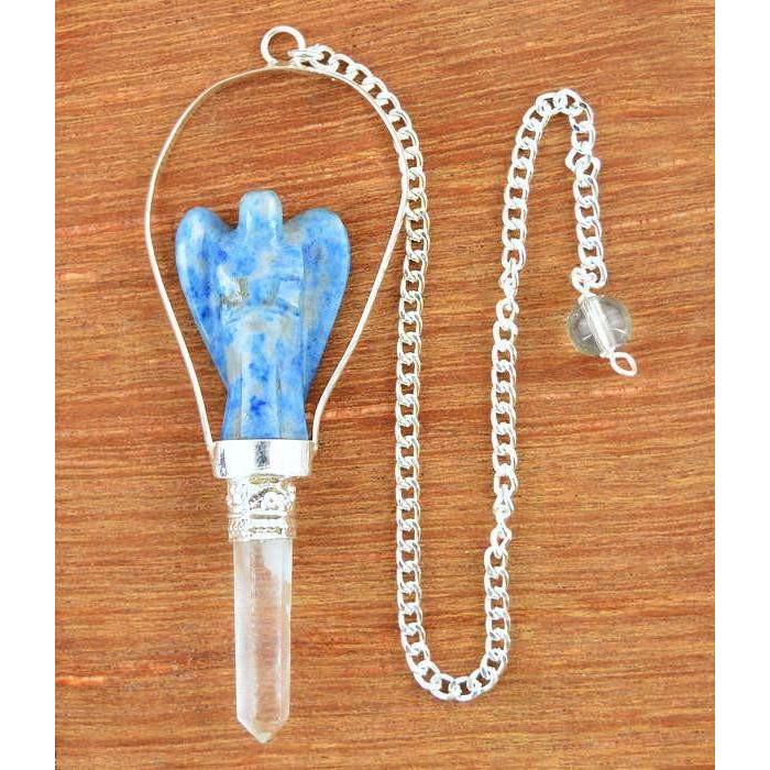 gemsmore:Natural Blue Lapis Lazuli Carved Angel Healing Point Pendulum