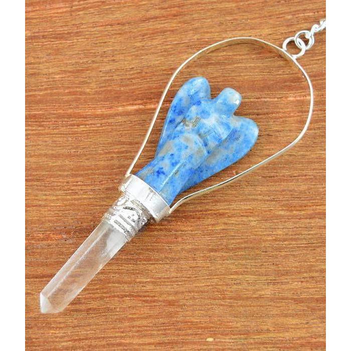 gemsmore:Natural Blue Lapis Lazuli Carved Angel Healing Point Pendulum