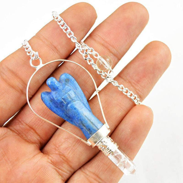 gemsmore:Natural Blue Lapis Lazuli Carved Angel Healing Point Pendulum