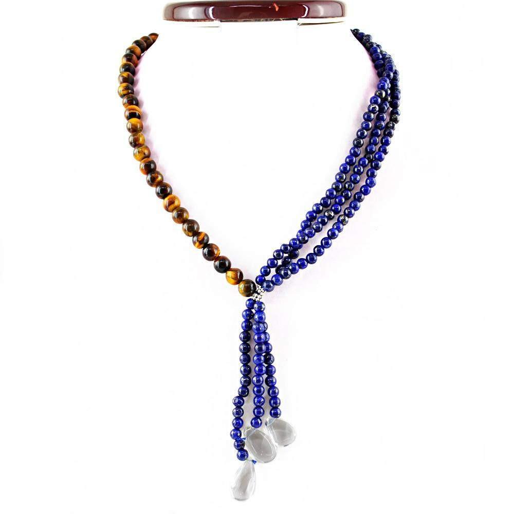 gemsmore:Natural Blue Lapis Lazuli & Golden Tiger Eye Necklace Untreated 20 Inches Long Round Beads