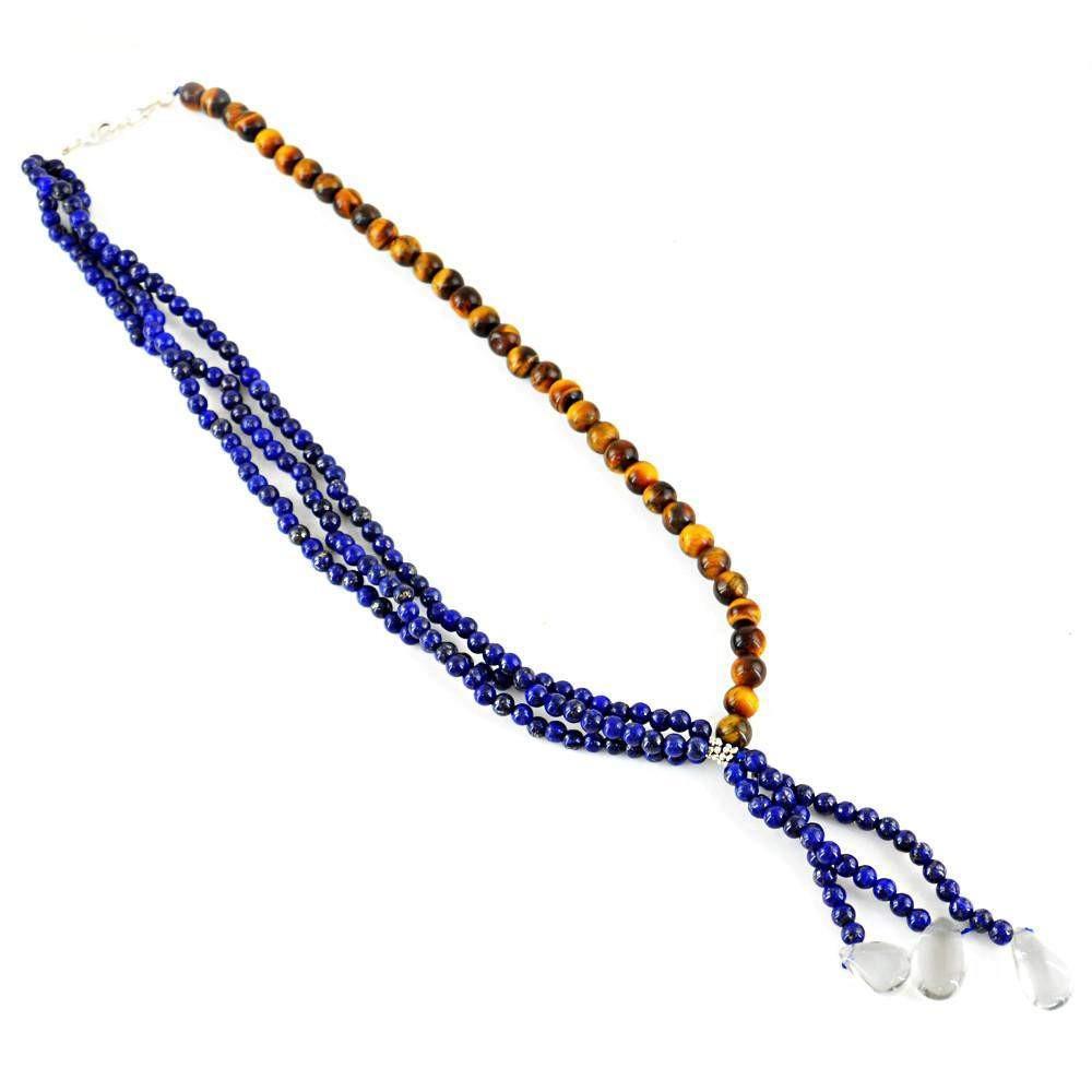 gemsmore:Natural Blue Lapis Lazuli & Golden Tiger Eye Necklace Untreated 20 Inches Long Round Beads