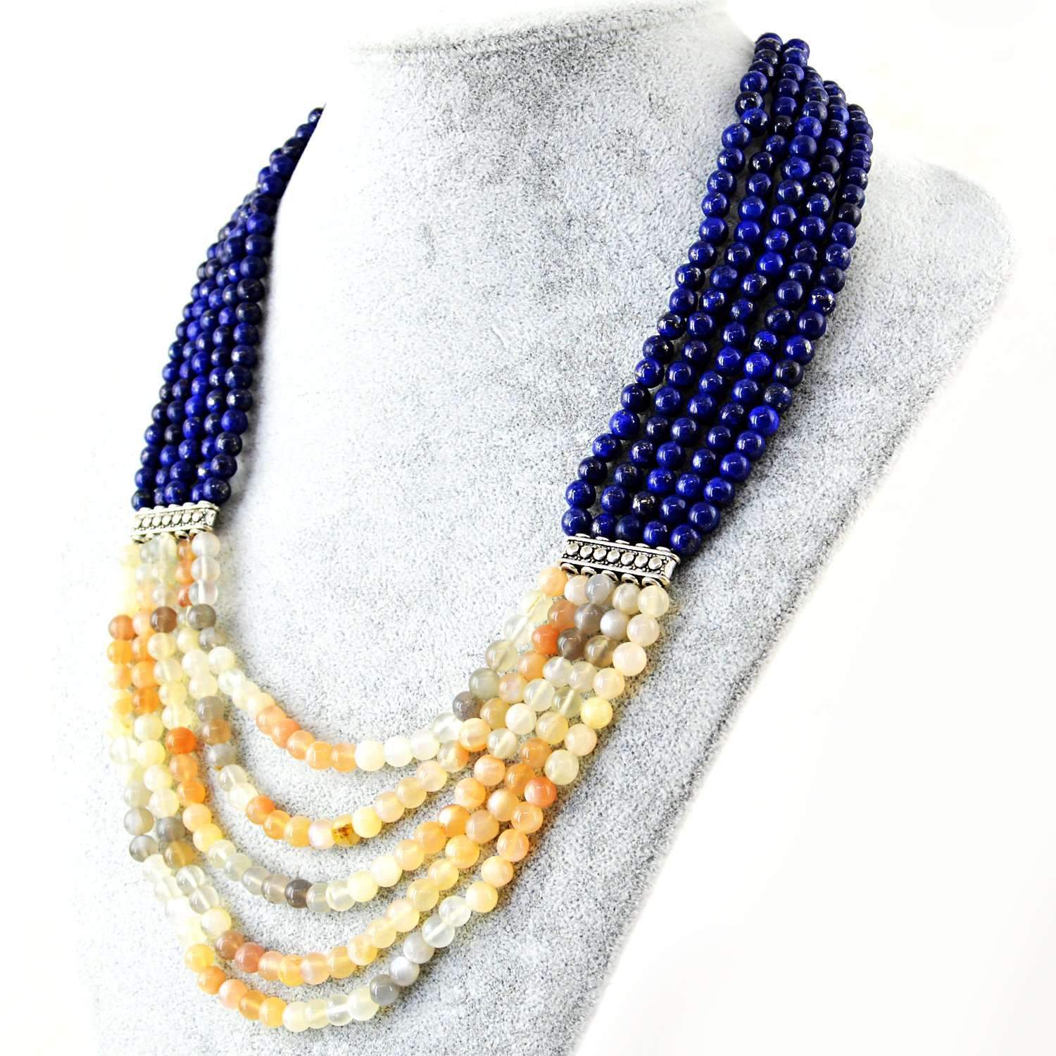 gemsmore:Natural Blue Lapis Lazuli & Multicolor Moonstone Necklace 5 Line Round Beads