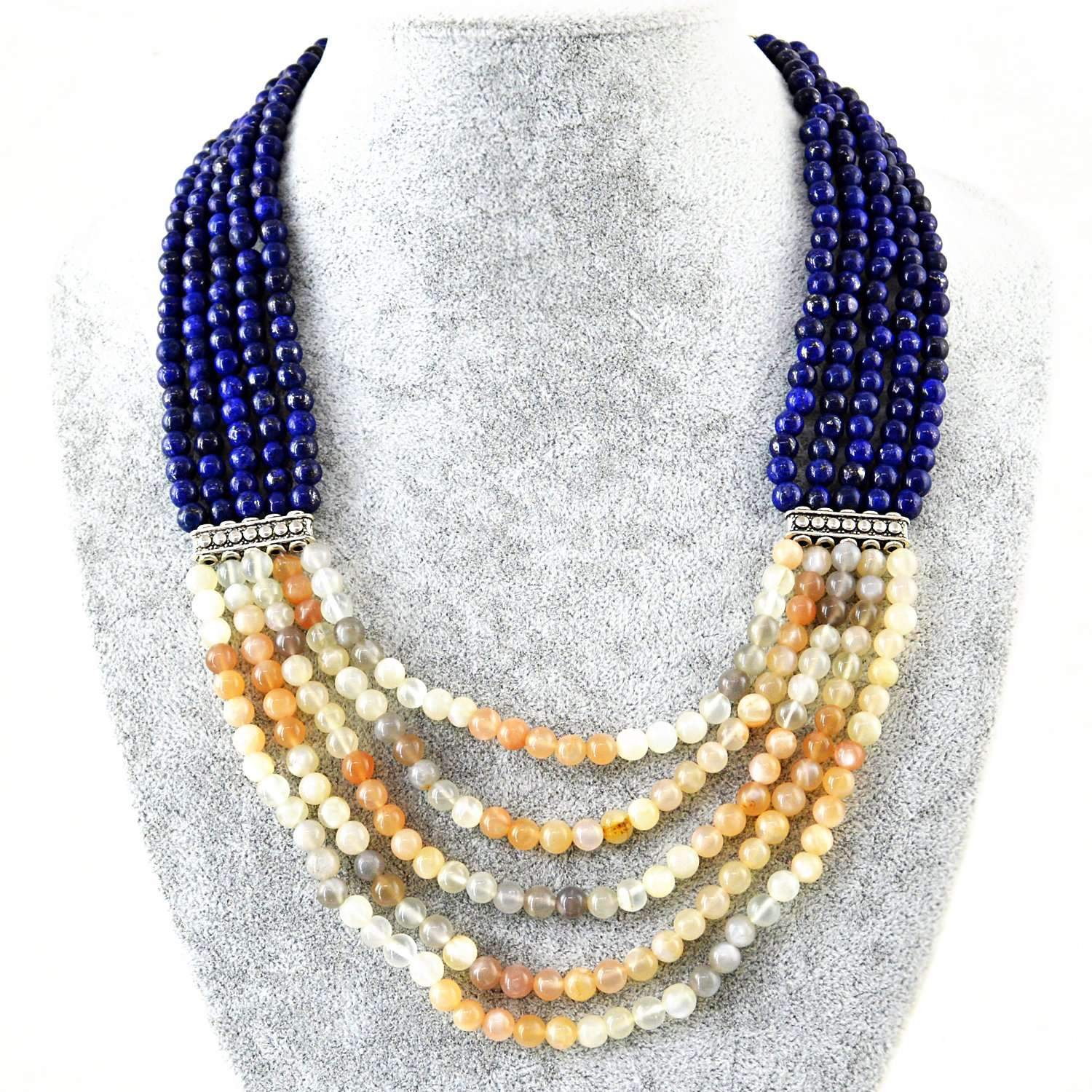 gemsmore:Natural Blue Lapis Lazuli & Multicolor Moonstone Necklace 5 Line Round Beads