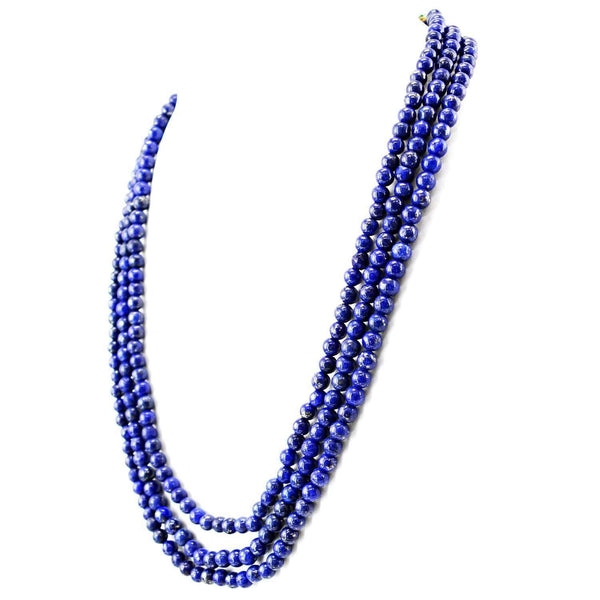 gemsmore:Natural Blue Lapis lazuli Necklace 3 Line Untreated Round Shape Beads