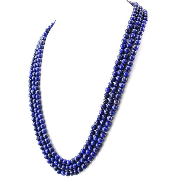 gemsmore:Natural Blue Lapis Lazuli Necklace 3 Strand Round Shape Beads