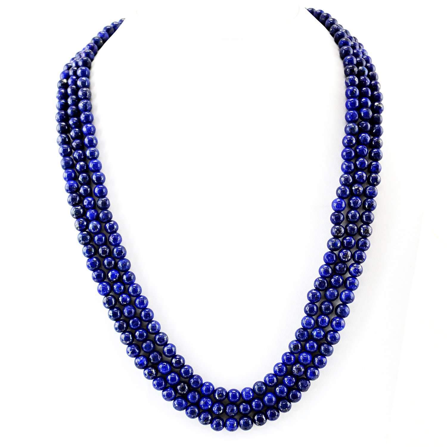 gemsmore:Natural Blue Lapis Lazuli Necklace 3 Strand Round Shape Beads