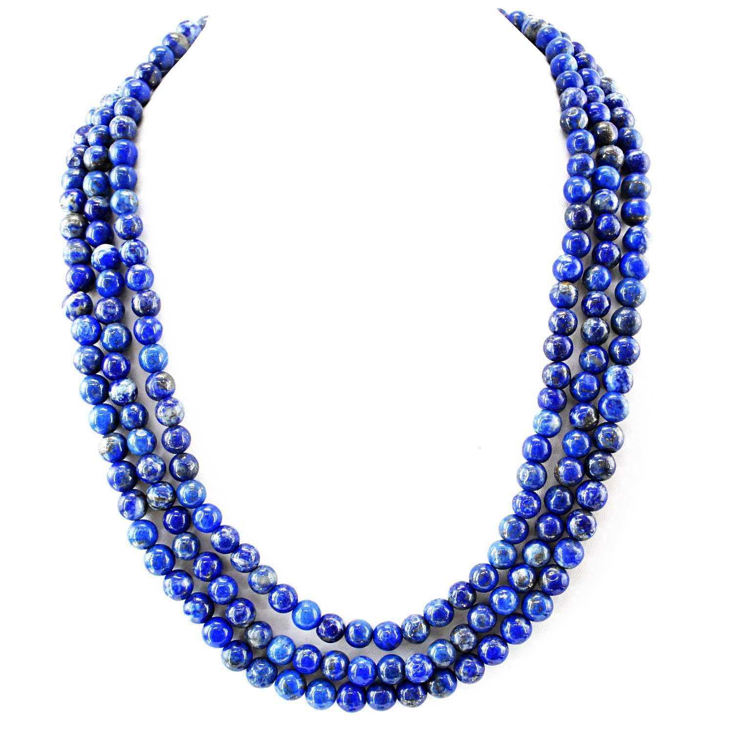 gemsmore:Natural Blue Lapis Lazuli Necklace 3 Strand Untreated Round Beads