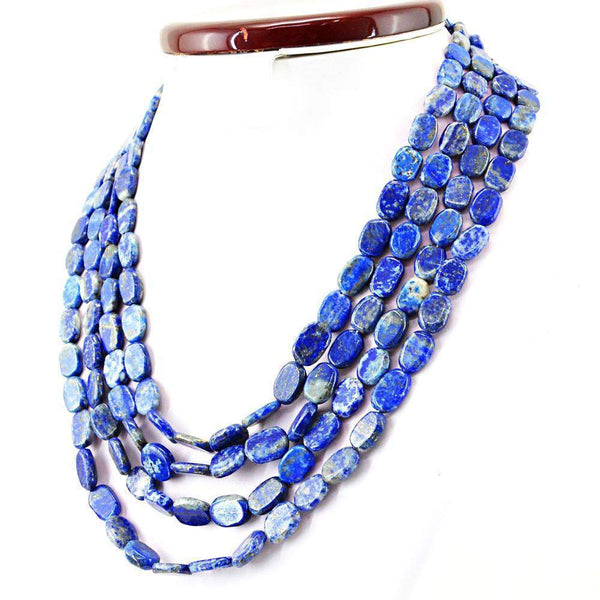 gemsmore:Natural Blue Lapis Lazuli Necklace 4 Line Oval Shape Beads